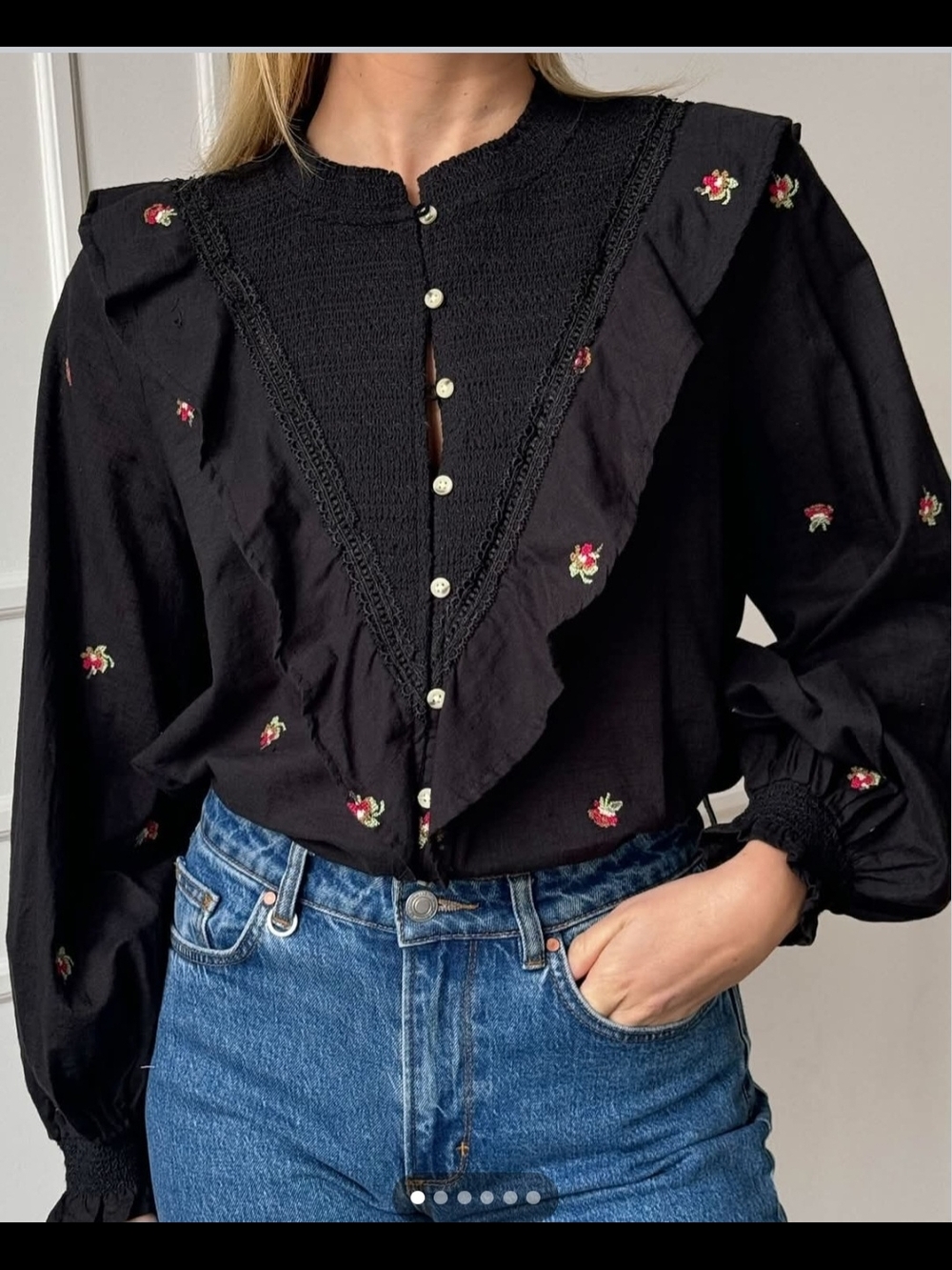 Black Floral Embroidered Ruffle Button-Front Blouse - Women